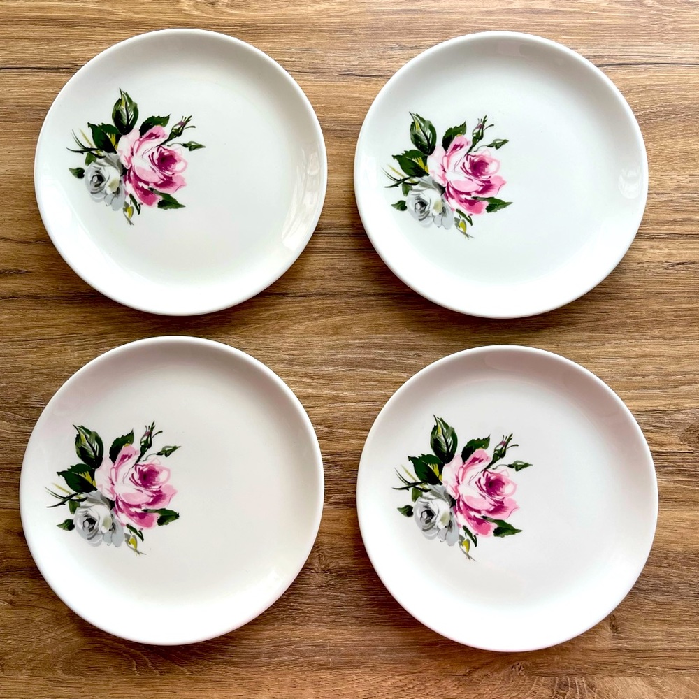 Vintage MELODY LANE by SALEM Lot of 4 Appetizer Bread Plates Pink & White Roses